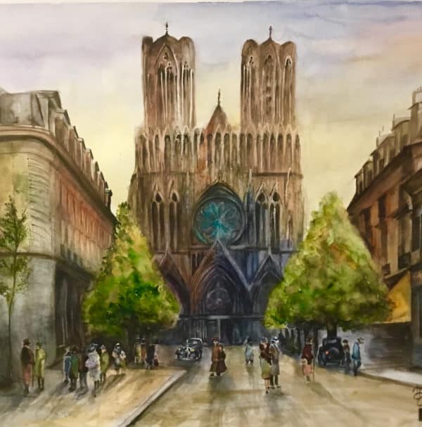 tableau paysage -cathédrale de Reims aquarelle