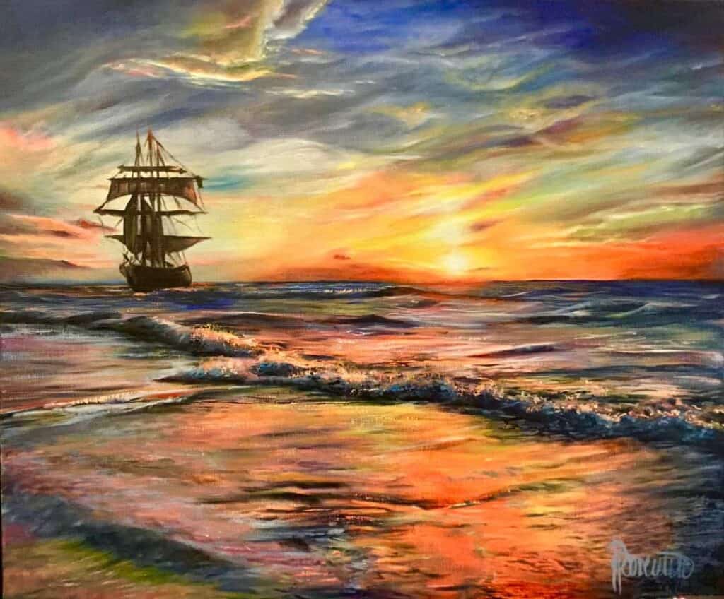 Impression sur toile - Image sur Toile - 5 Parties - Lac coucher de soleil bateau paysage - 150x100cm Tableau Mural Sans cadre - Maison
