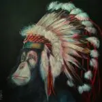 peinture animalière, peinture à l'huile singe et coiffe indienne avec des plumes