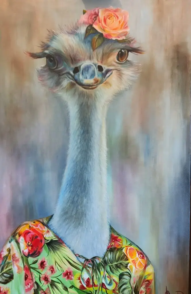 Autruche portraits artistiques peinture animalière, peinture à l'huile autruche habillée hippie