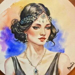 Portrait vintage aquarelle femme au diadème dans les années 20