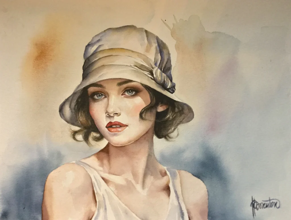 aquarelle des années folles femme et chapeau cloche